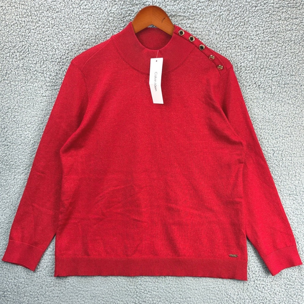 Calvin Klein Mock Neck Button Shoulder Sweater Womens XL Red Knit Pullover NWT